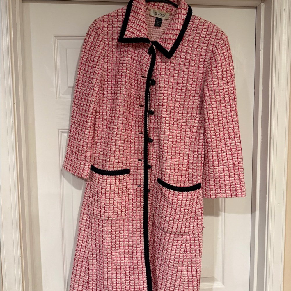 St. John Collection Pink Tweed Coat with Black Trim